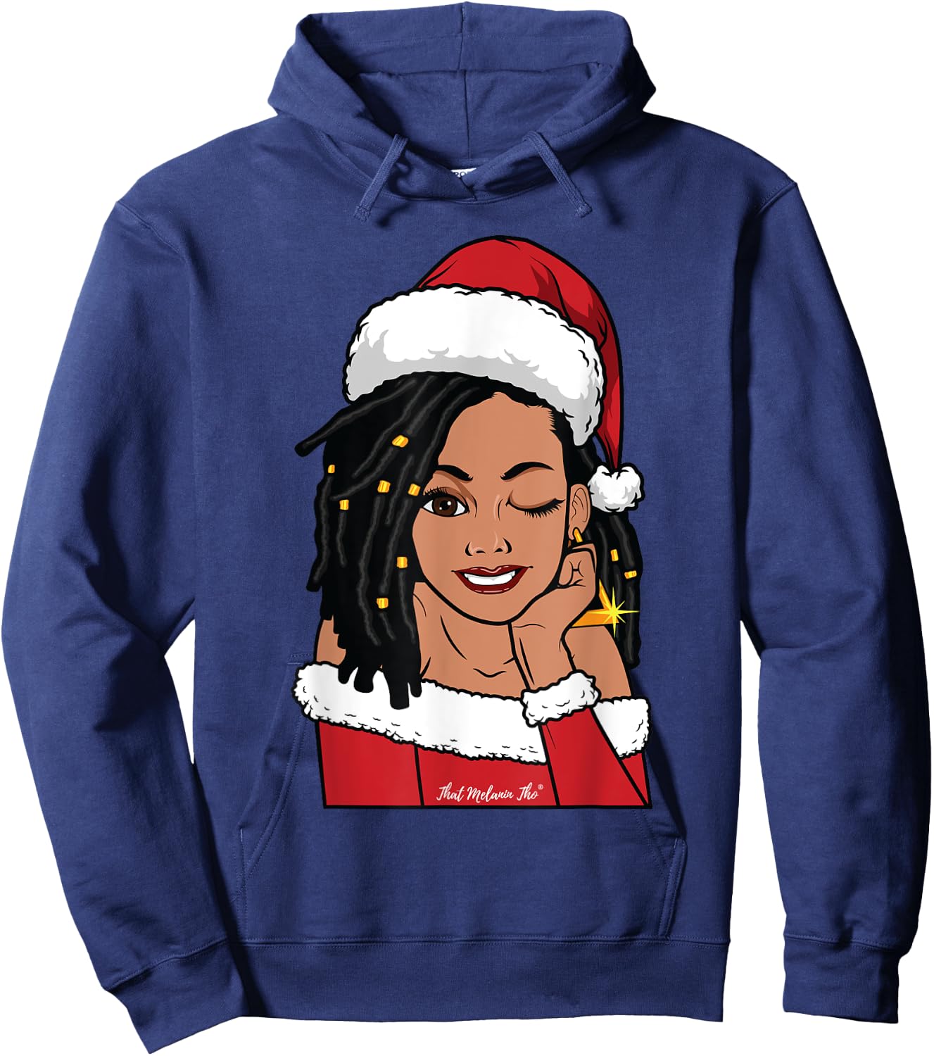 Black Mrs. Claus Locs Winking African American Christmas Hoodie - Hoodie | Navy