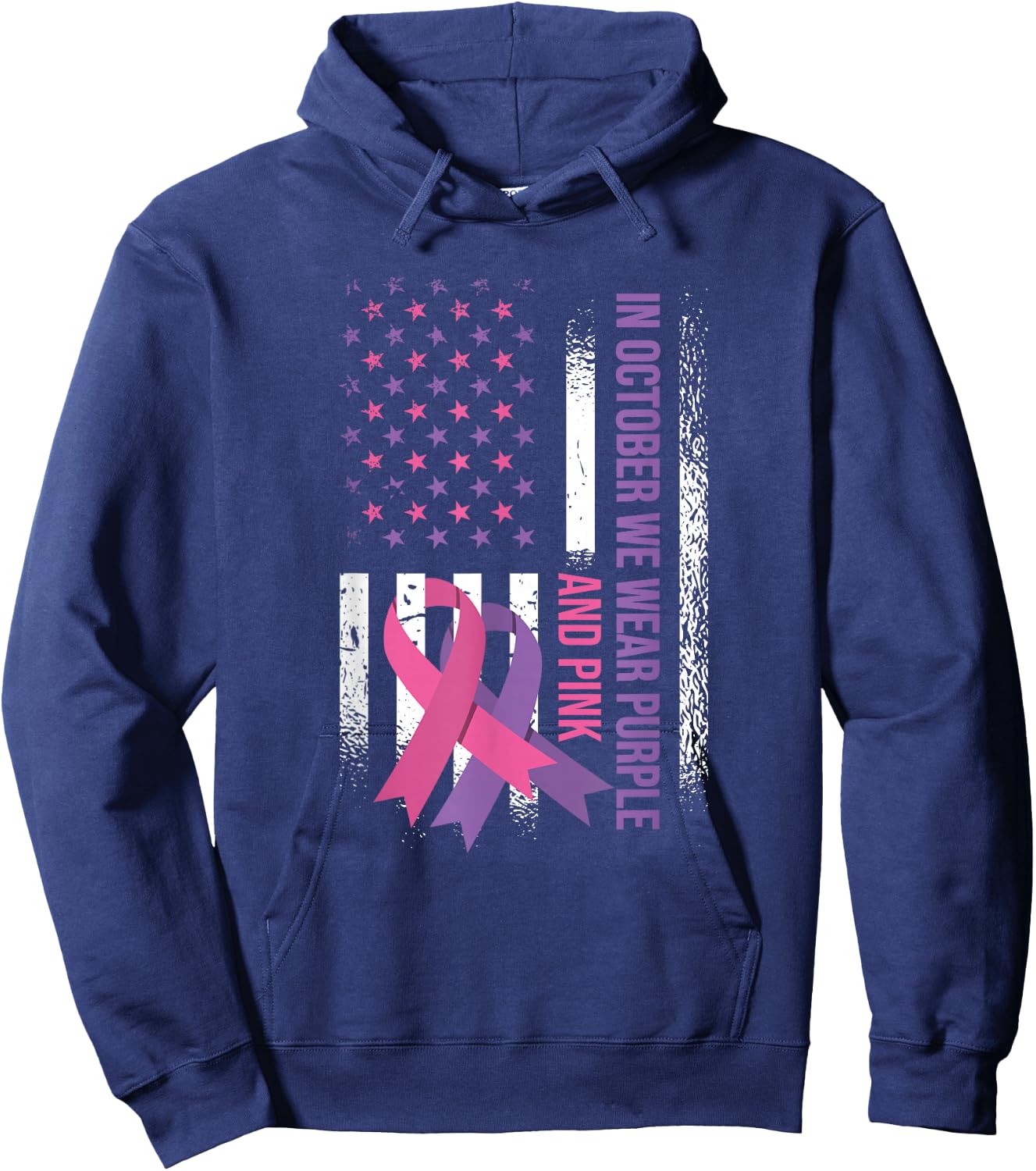 American Flag Breast Cancer and Domestic Violence Awareness Hoodie - Hoodie | Navy