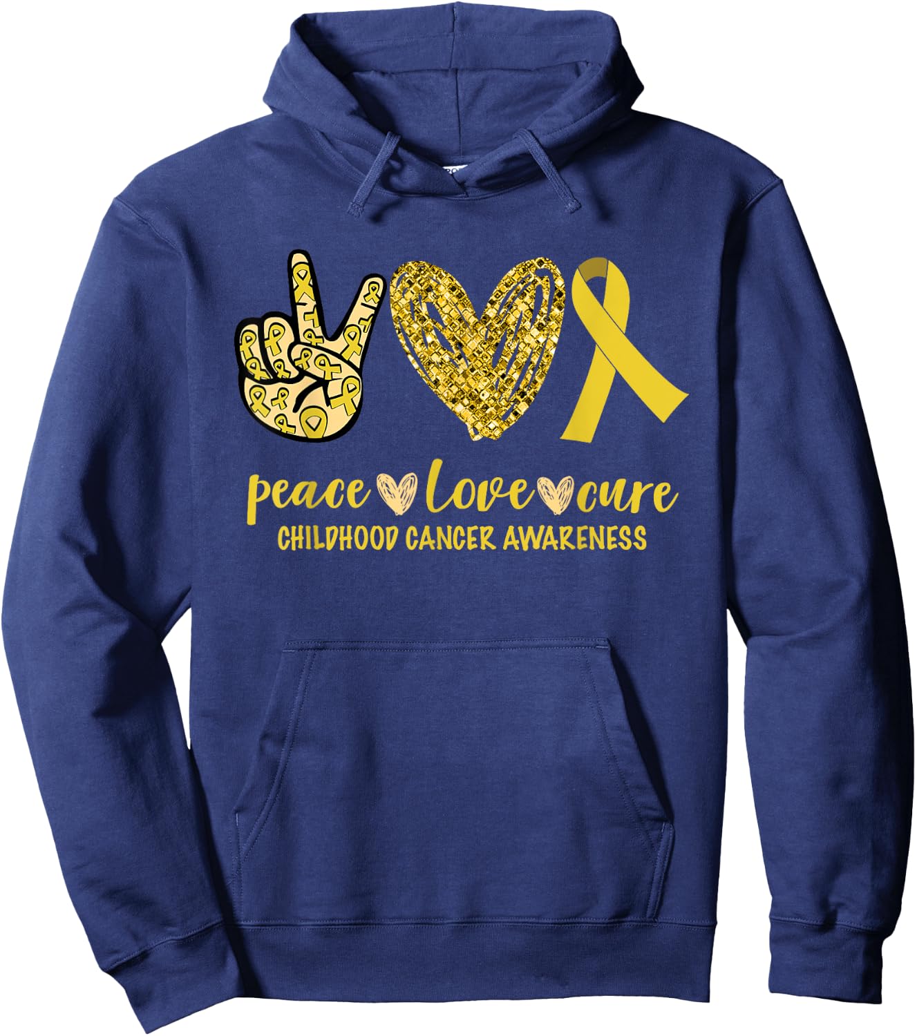 Peace Love Cure Ribbon Childhood Cancer Awareness Hoodie - Hoodie | Navy