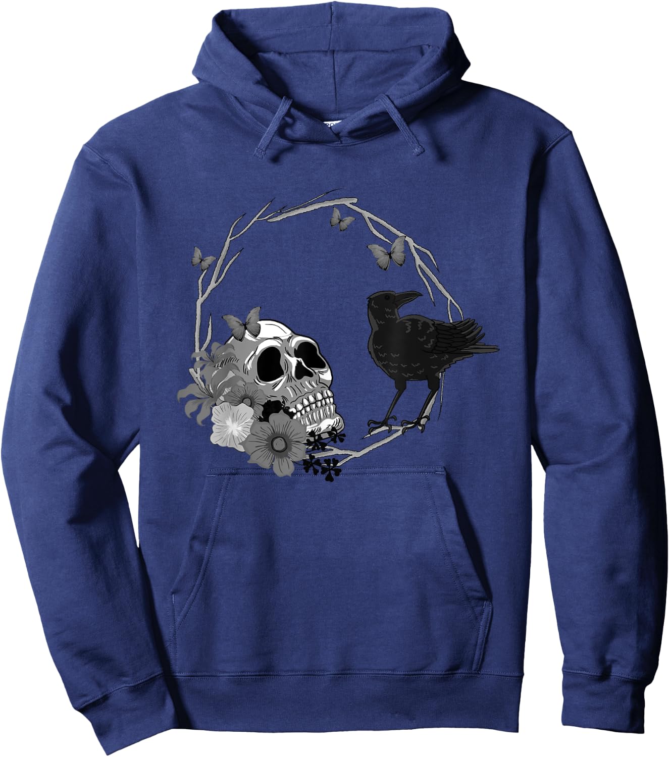 Floral Skull Death Crow Cool Scary Halloween Gothic Theme Hoodie - Hoodie | Navy