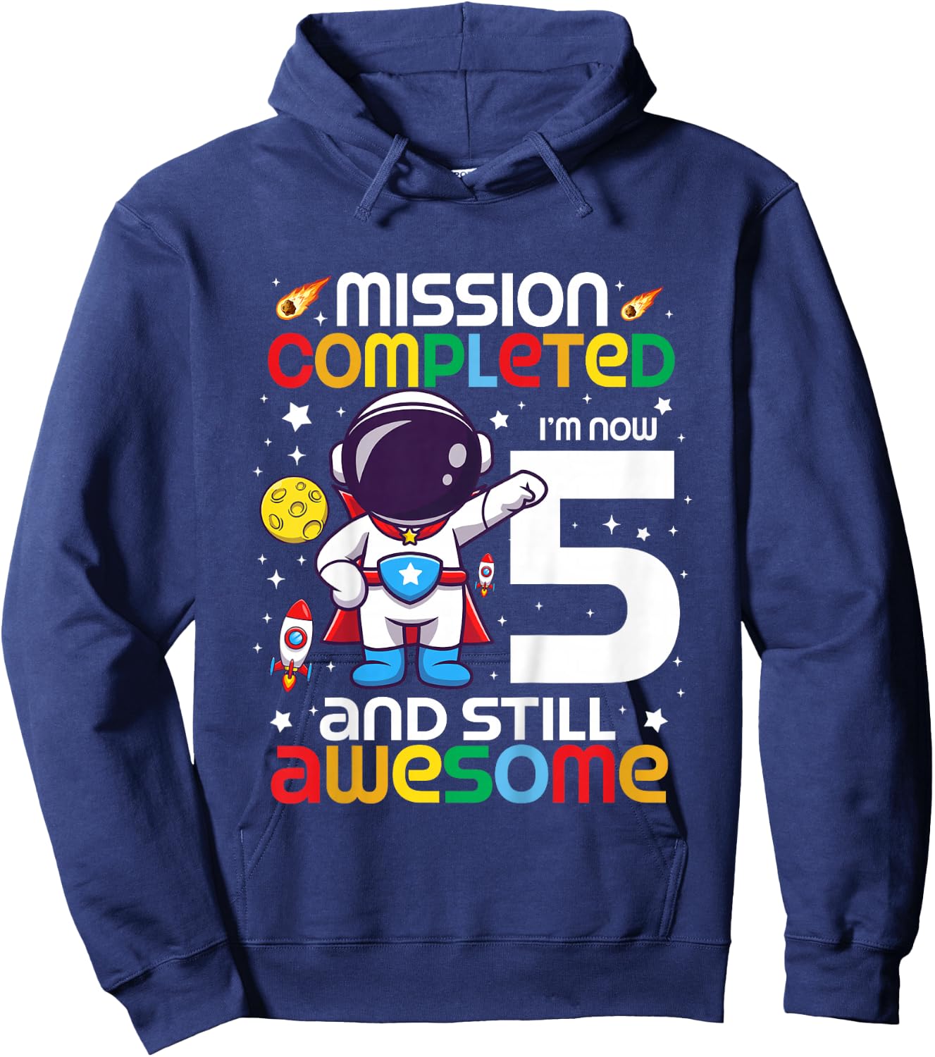 Kids 5 Year Old Boy Astronaut Space Birthday 5th Birthday Boys Hoodie - Hoodie | Navy