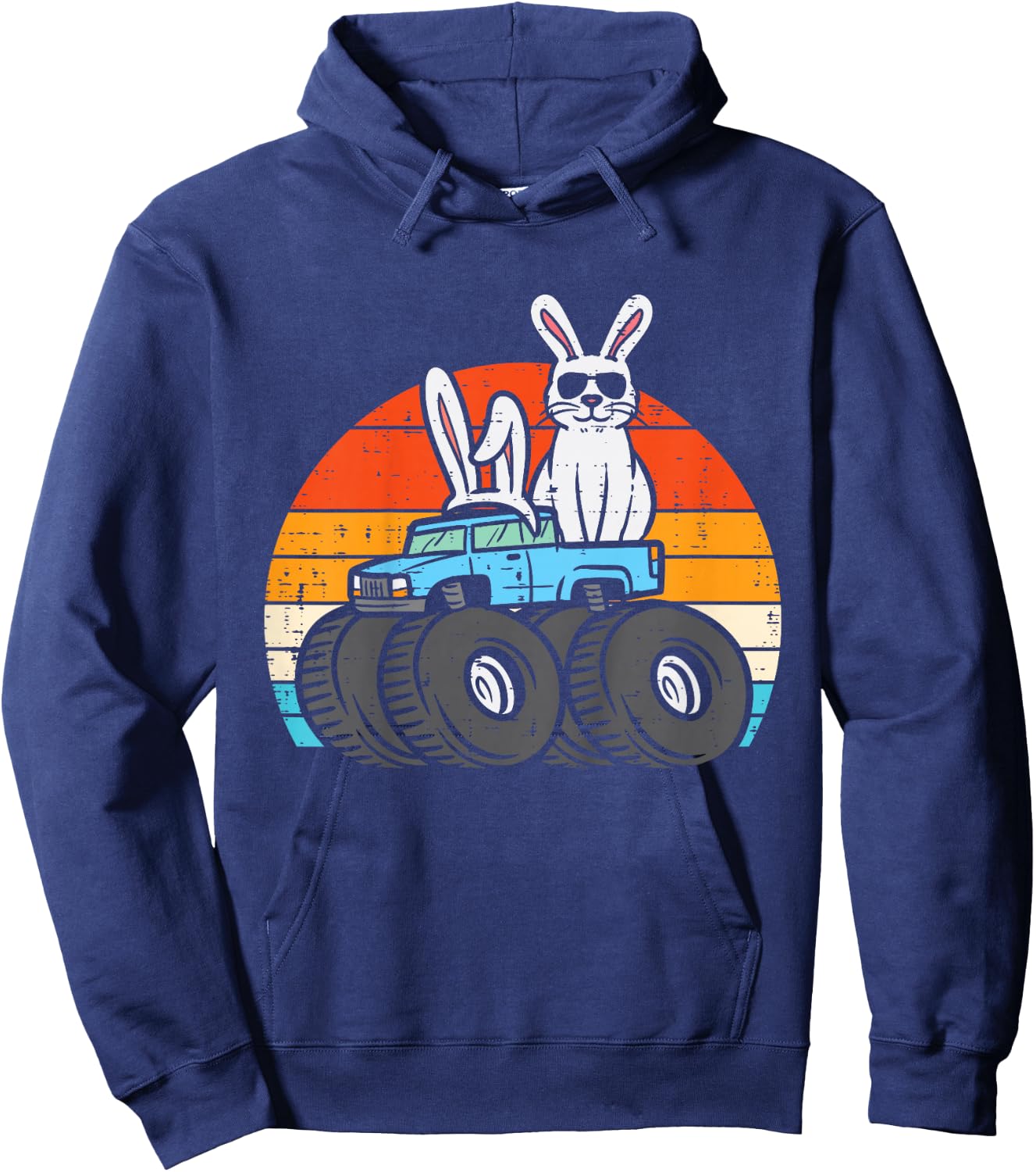 Kids Easter Bunny Rabbit Monster Trucks Retro Boys Kids Toddler Hoodie - Hoodie | Navy