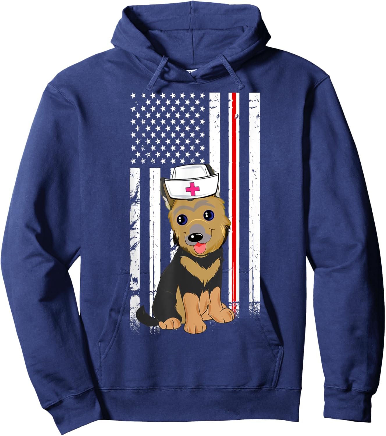 German Shepherd Dog Nurse American Flag Thin Red Line Hoodie - Hoodie | Navy