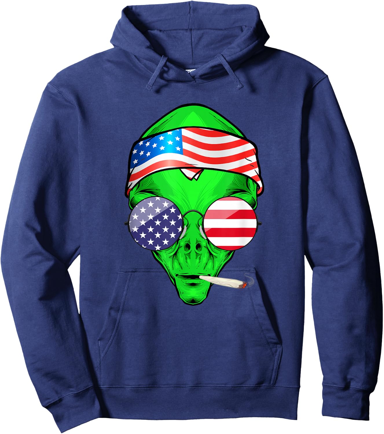 Hippie Alien American Flag 4th of July Funny Marijuana Weed Hoodie - Hoodie | Navy