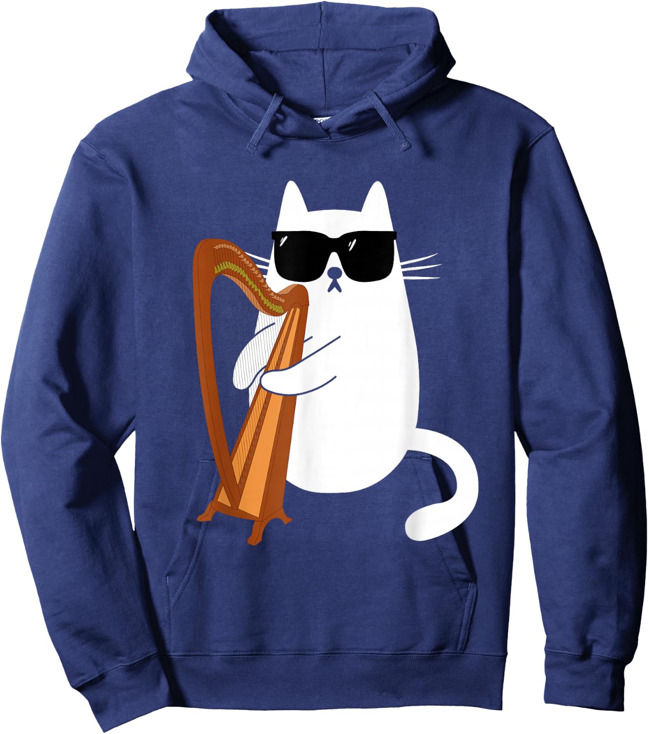 Funny Cat Wearing Sunglasses Playing Harp Harpist Musician Hoodie - Hoodie | Navy