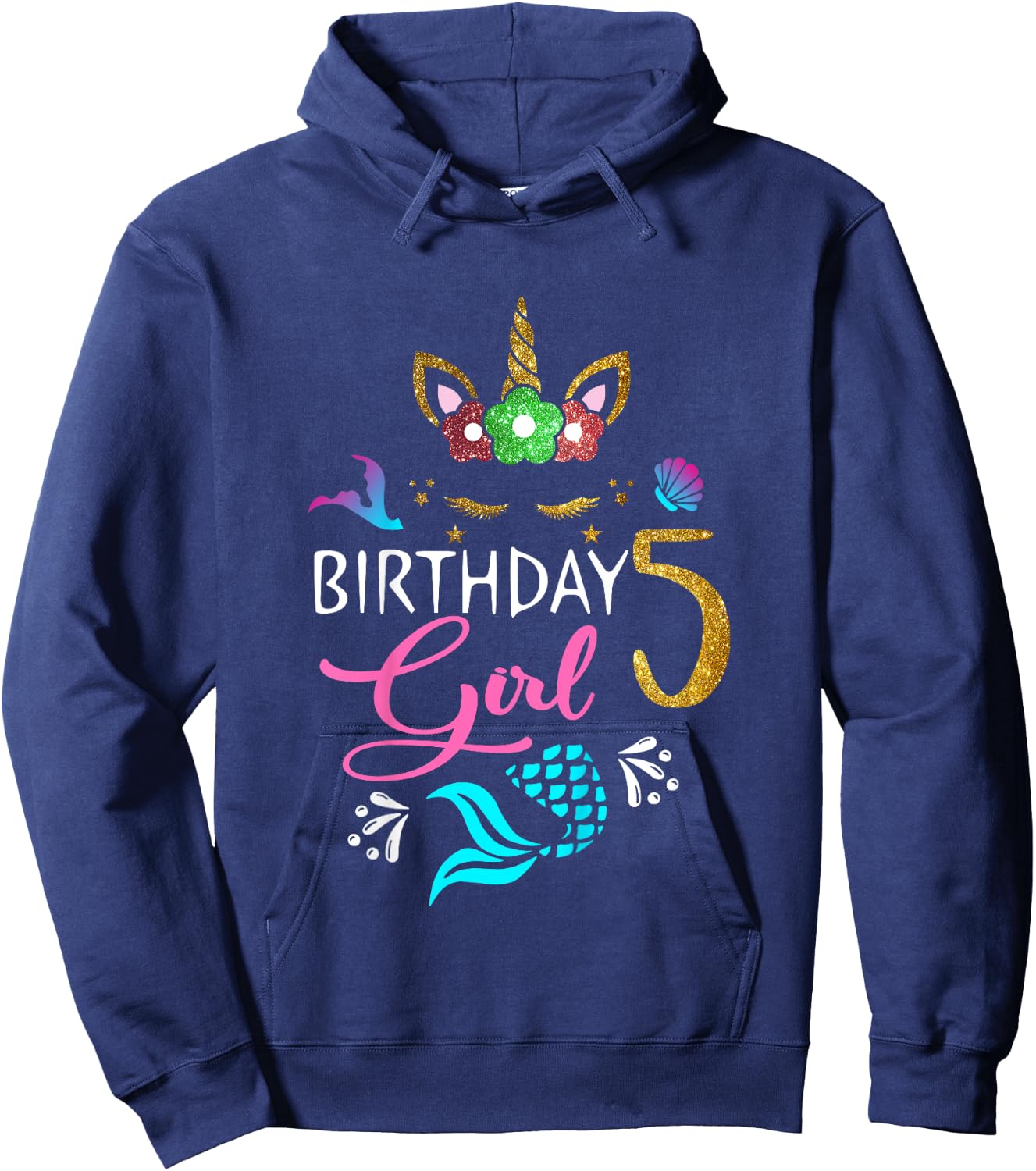 5 Years Old Unicorn Shirt Mermaid Tail 5th Birthday Girl Hoodie - Hoodie | Navy