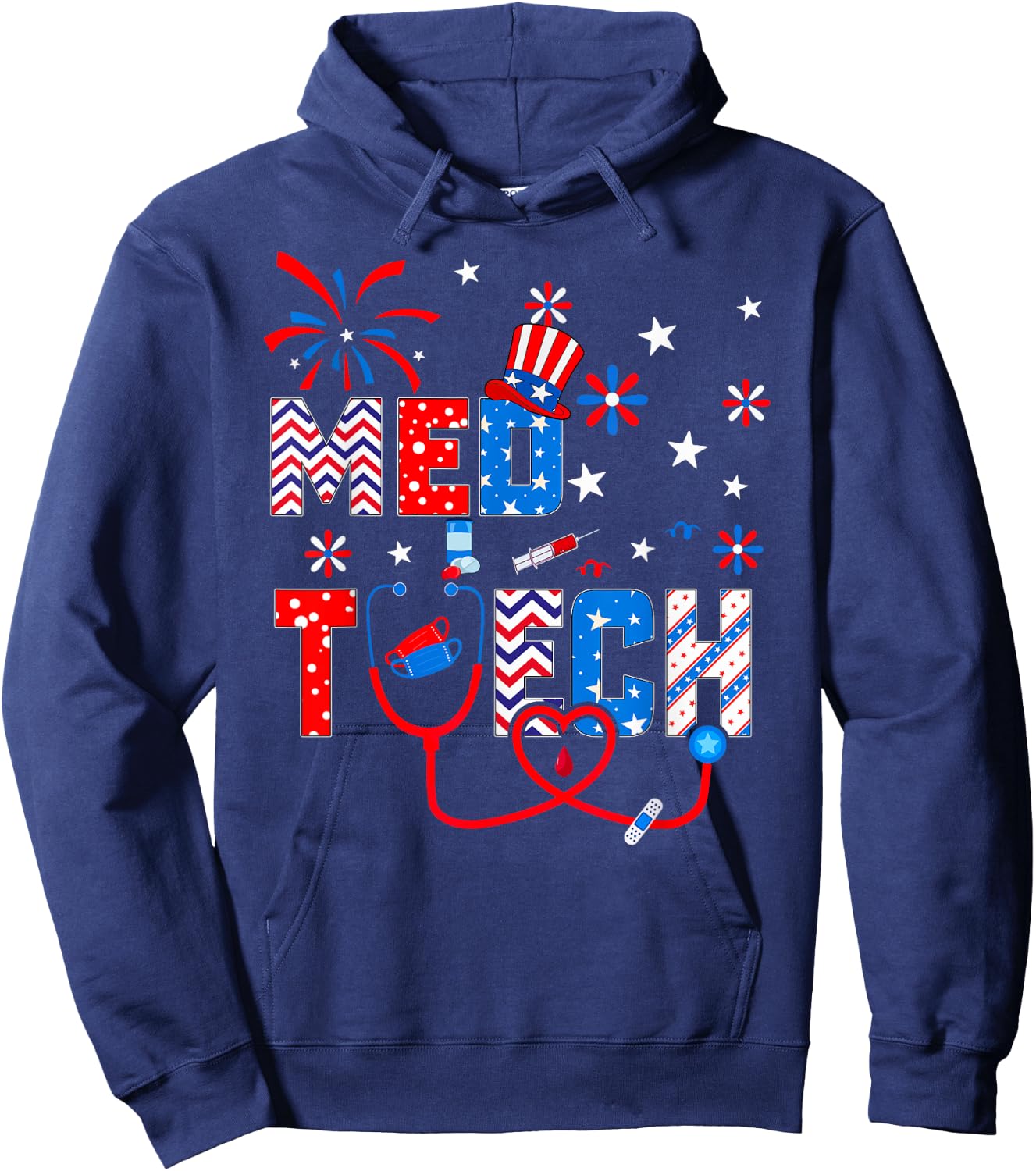 4th Of July Shirt Stethoscope Patriotic Med Tech Hoodie - Hoodie | Navy