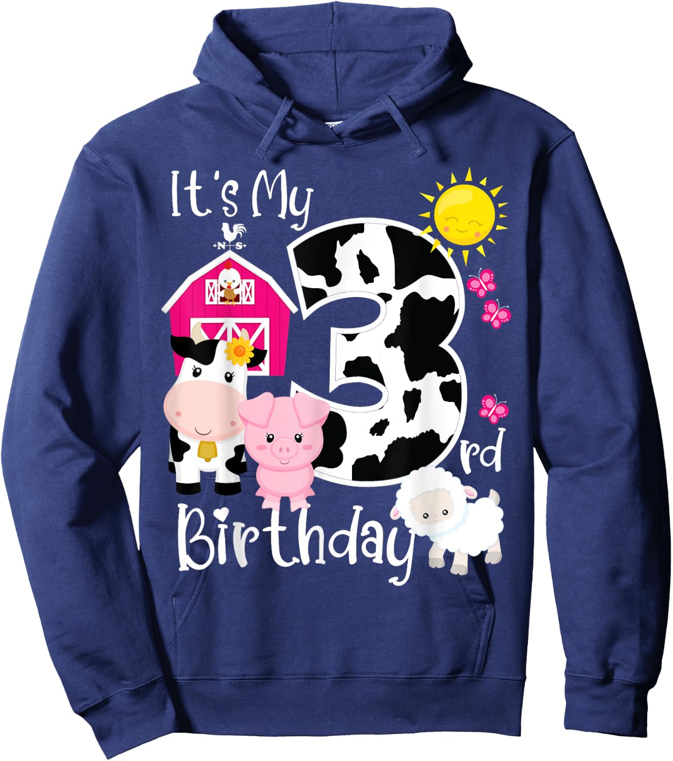 Farm Animals 3 Year Old It's My 3rd Birthday Party Bday Girl Hoodie - Hoodie | Navy