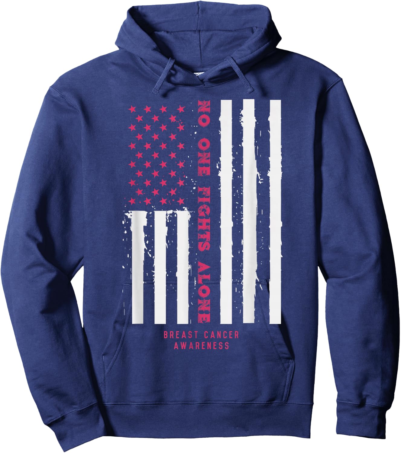 No One Fights Alone USA Flag Breast Cancer Awareness Gift Hoodie - Hoodie | Navy