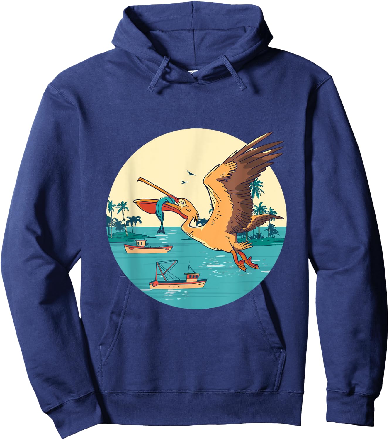 Pelican Bird Island Boat Fish Catch Tropical Bird Animal Hoodie - Hoodie | Navy
