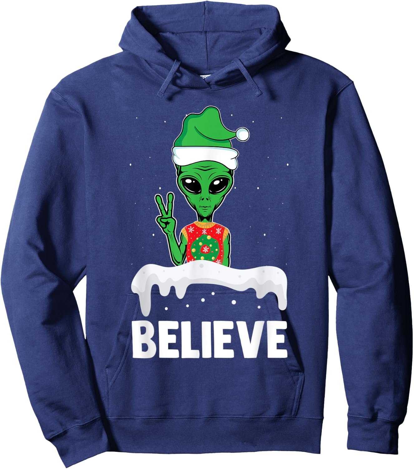 Christmas Alien Believe Elf Hat Holiday UFO Ugly Xmas Hoodie - Hoodie | Navy
