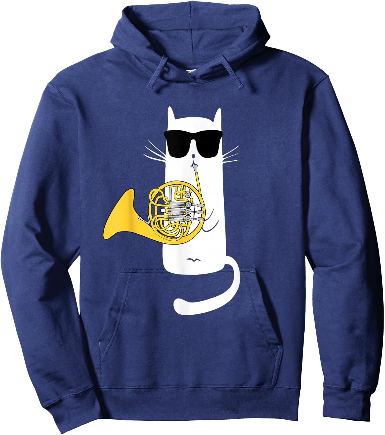 Funny Cat Wearing Sunglasses Playing French Horn Hoodie - Hoodie | Navy