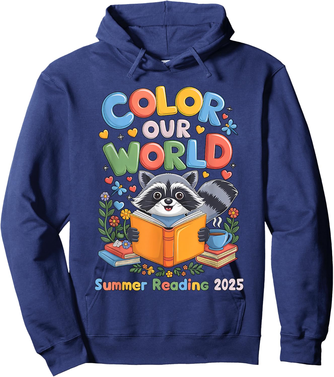 Color Our World Summer Reading Program 2025 Funny Raccoon Hoodie - Hoodie | Navy