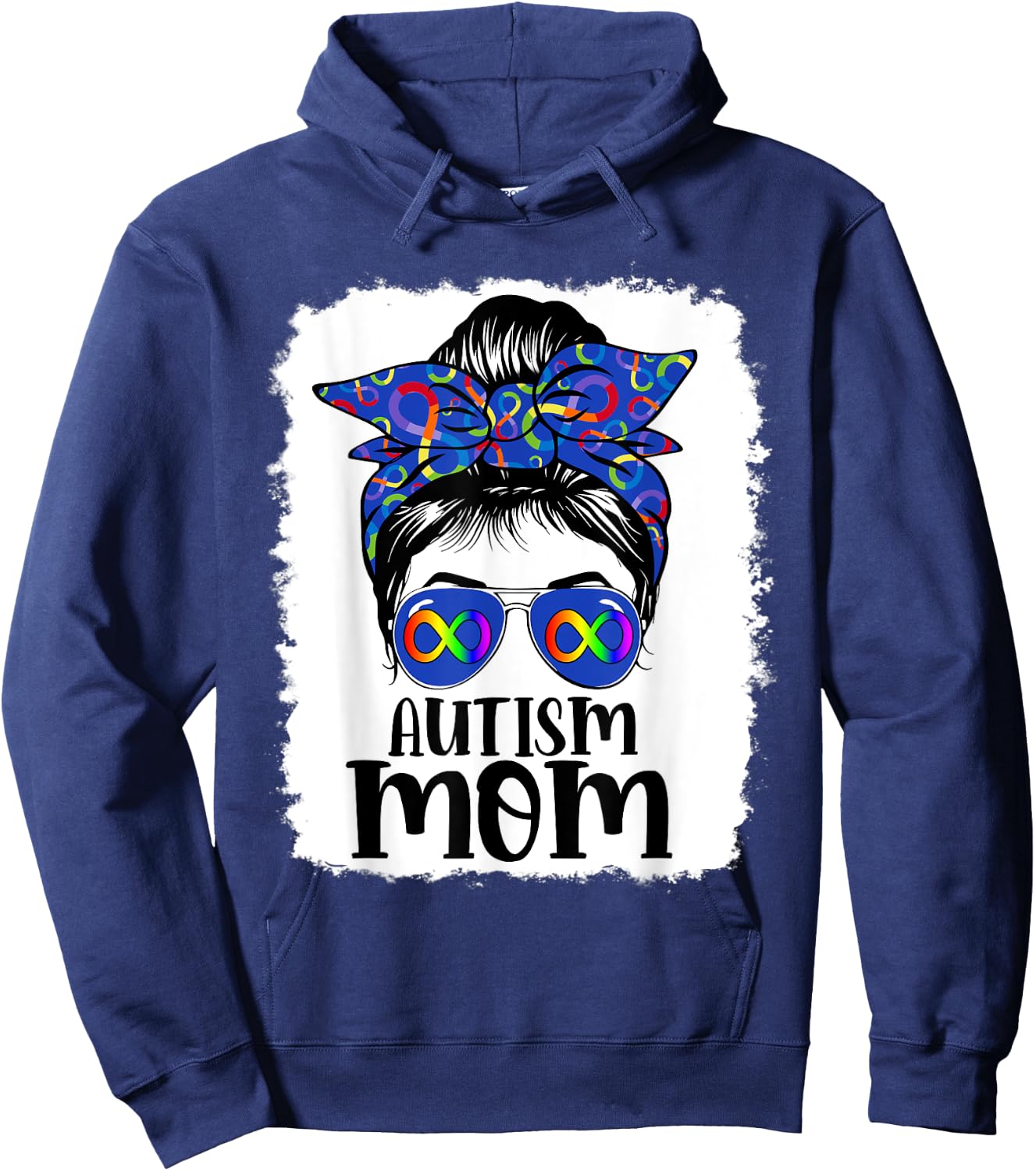 Mom Autism Awareness Messy Bun Infinity Rainbow Bleached Hoodie - Hoodie | Navy
