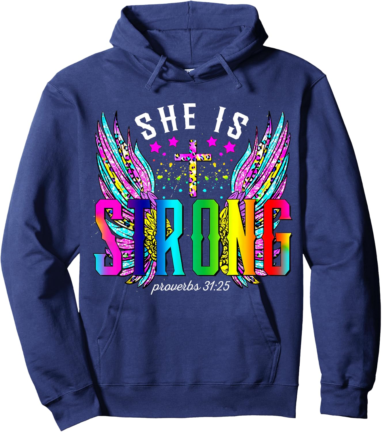 She Is Strong Bible Proverbs 31:25 Cross Wings Christian Hoodie - Hoodie | Navy
