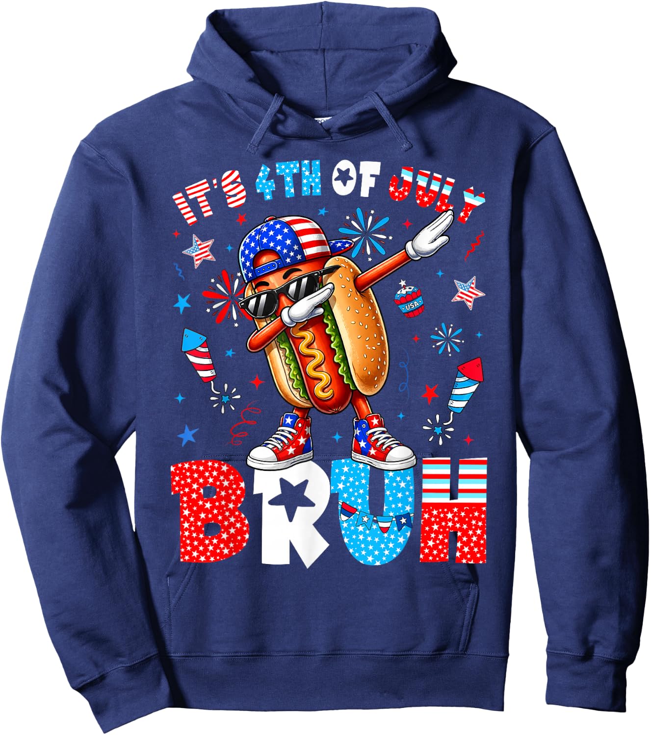 4th of July Its Fourth of July Bruh Dabbing Hotdog Boy Girl Hoodie - Hoodie | Navy