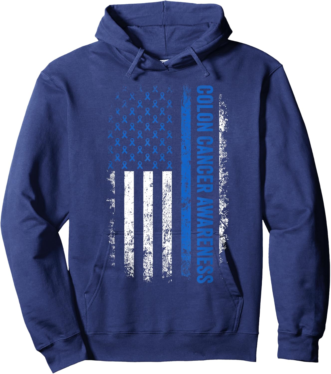 Colon Cancer Awareness Blue Ribbon US American Flag Hoodie - Hoodie | Navy