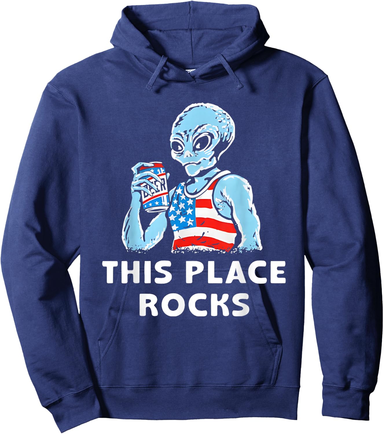 This Place Rocks Blue Alien Wearing an American Flag Hoodie - Hoodie | Navy