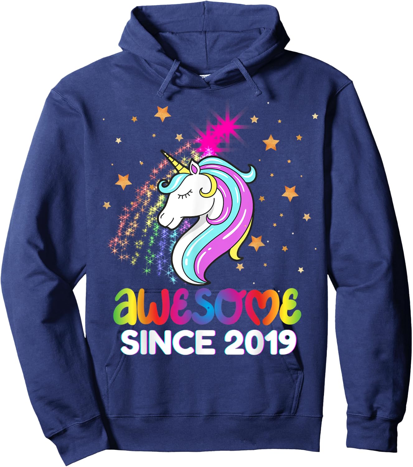 Fourth 5th Birthday Awesome Since 2019 Rainbows and Unicorn Hoodie - Hoodie | Navy