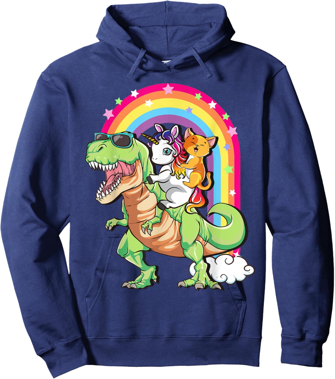 Cute Cat Unicorn Riding T Rex Dinosaur Kids Teens Toddlers Hoodie - Hoodie | Navy
