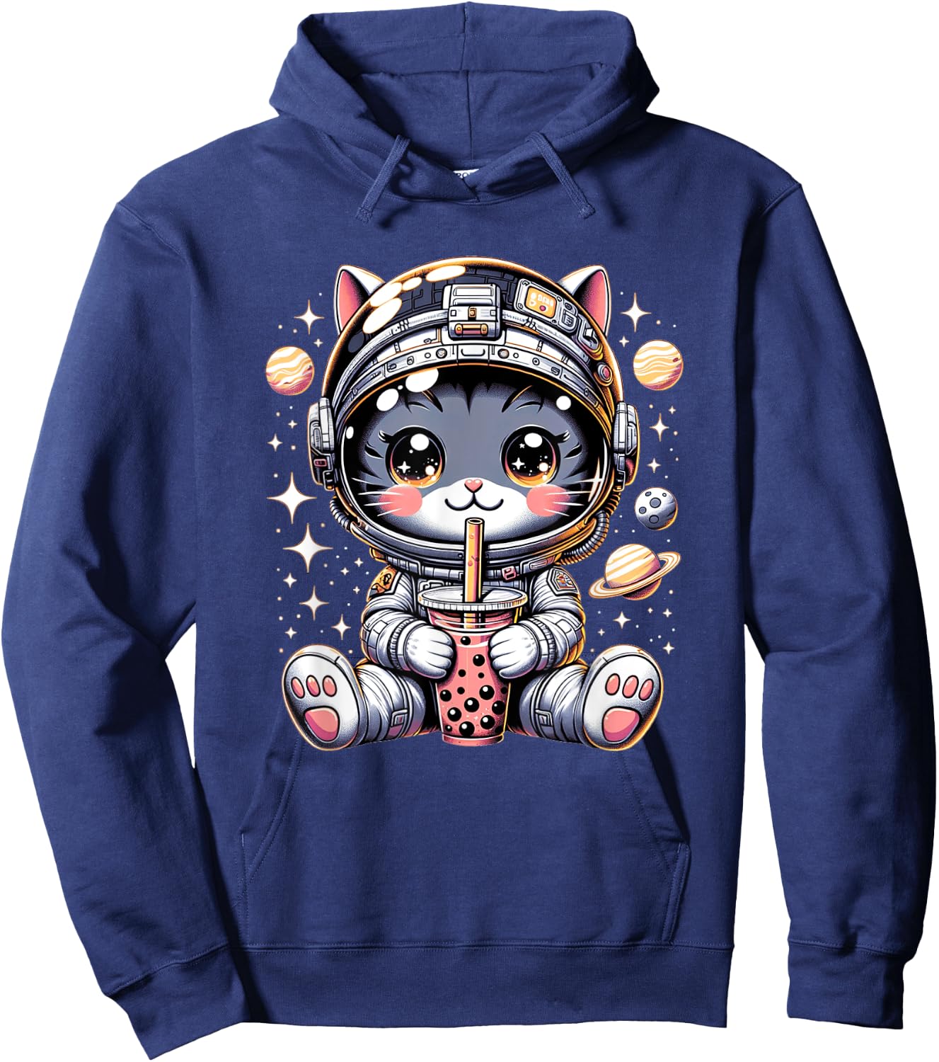 Cat in Space Kawaii Cat Girls Anime Astronaut Bubble Tea Hoodie - Hoodie | Navy