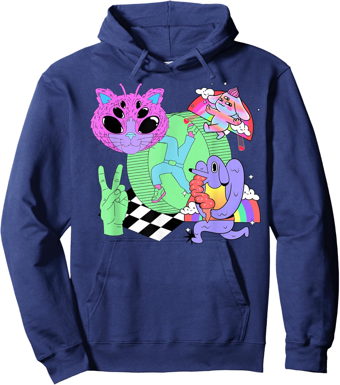 Weirdcore Aesthetic Bright Colorful Checker Print Trippy Hoodie - Hoodie | Navy