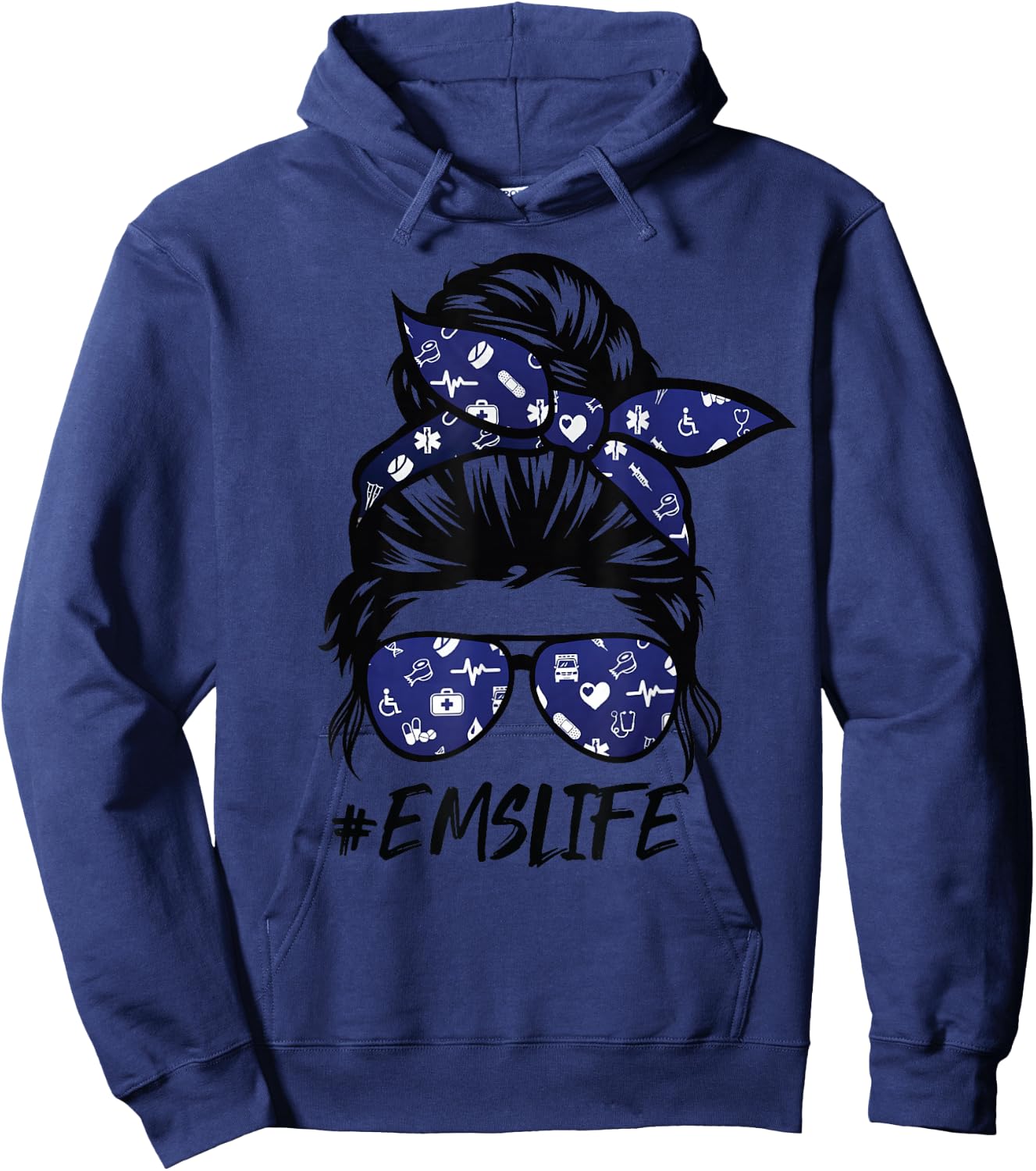 Funny EMS-Life Messy Bun Hair Glasses Hoodie - Hoodie | Navy