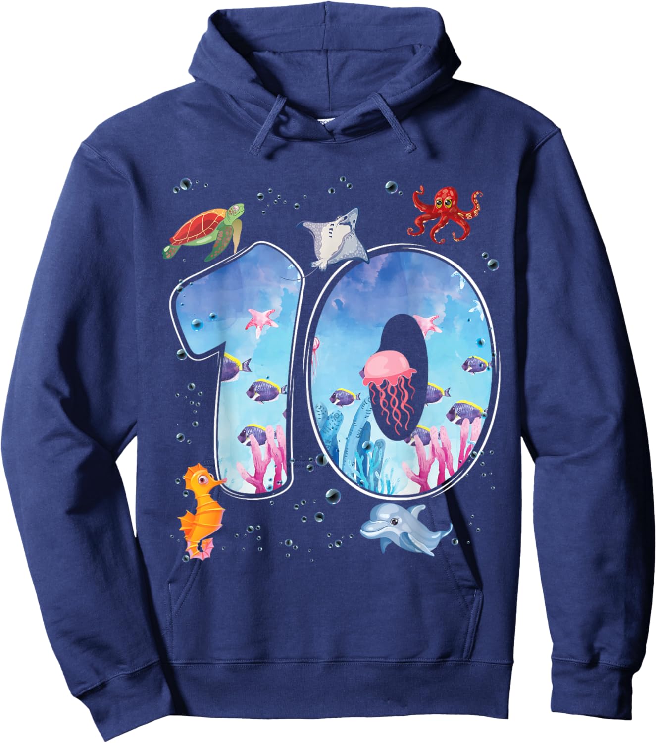 10th Birthday Party Ocean 10 Year Old Sea Fish Aquarium Boy Hoodie - Hoodie | Navy