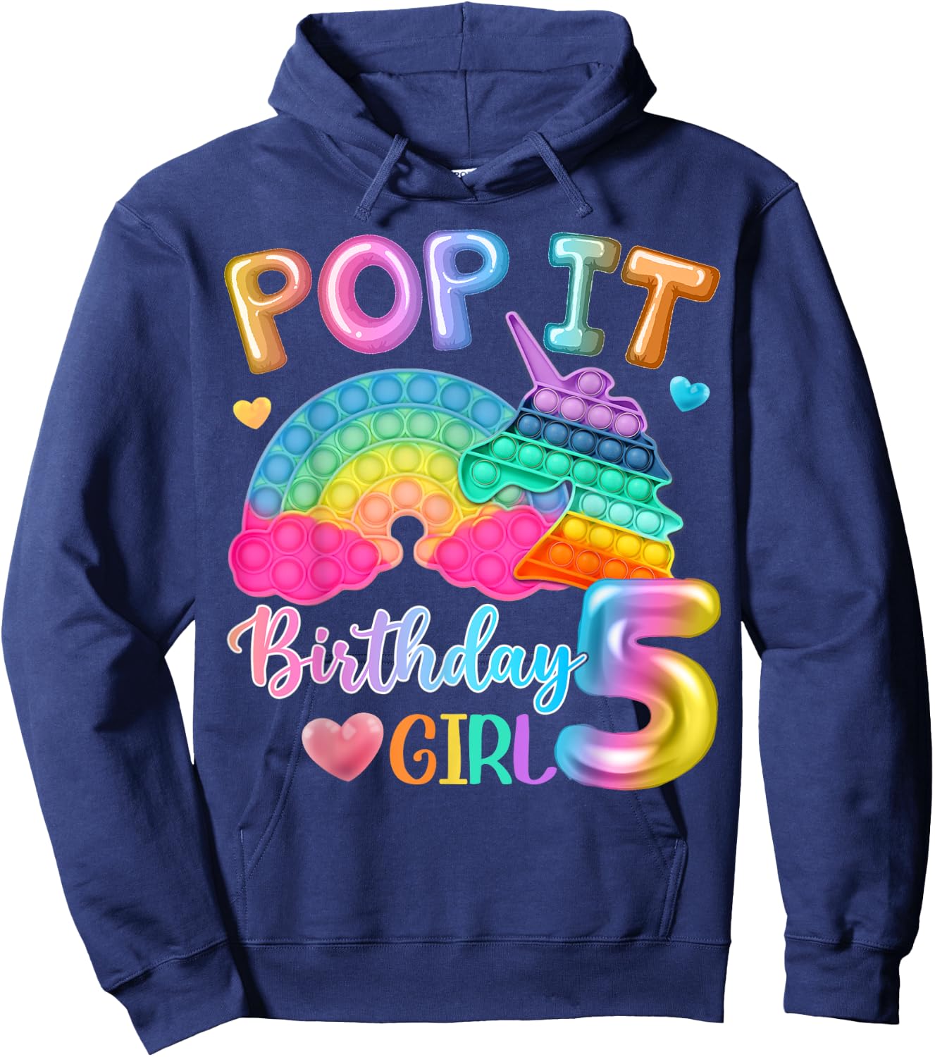Kids Pop It Birthday Girl 5 for 5yr Old Girls Unicorn Party Hoodie - Hoodie | Navy