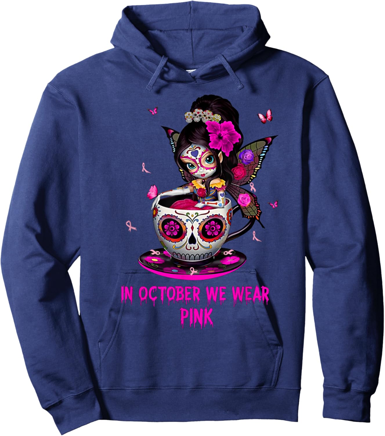Girl Sugar Skull Fairy In October We Wear Pink Breast Cancer Hoodie - Hoodie | Navy