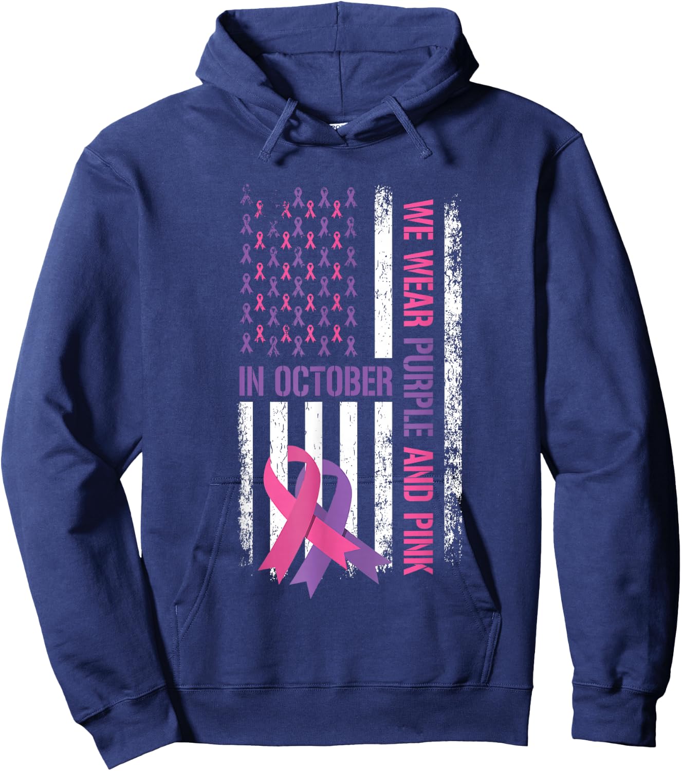 US Flag Breast Cancer and Domestic Violence Awareness Hoodie - Hoodie | Navy