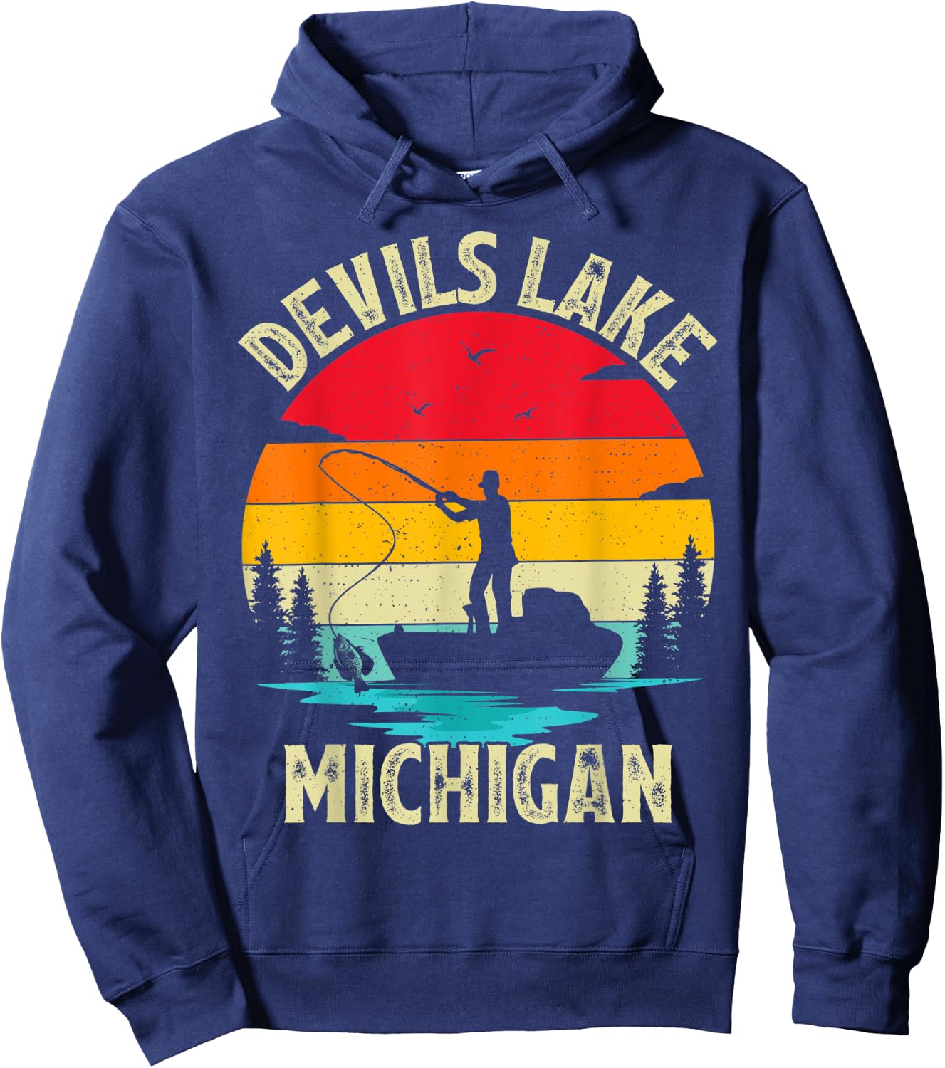 Summer Vacation Fishing Vintage Retro Michigan Devils Lake Women Kids Hoodie - Hoodie | Navy
