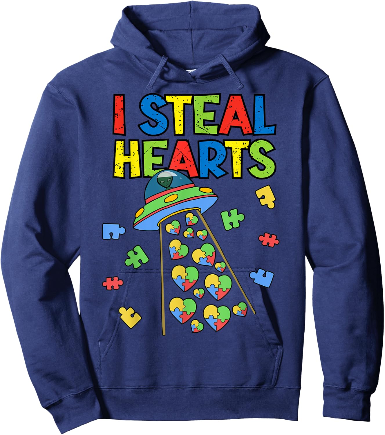 I Steal Hearts Puzzle Autism Awareness Cute Aliens Lover UFO Hoodie - Hoodie | Navy