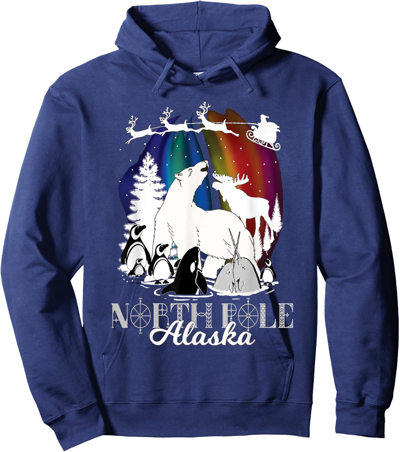 North Pole Alaska Aurora Borealis Christmas Town Wildlife Hoodie - Hoodie | Navy