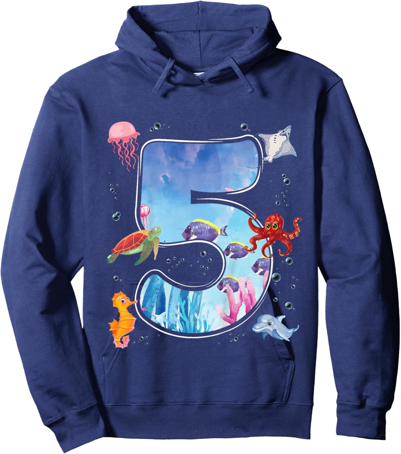 Kids 5th Birthday Party Ocean 5 Year Old Sea Fish Aquarium Boy Hoodie - Hoodie | Navy