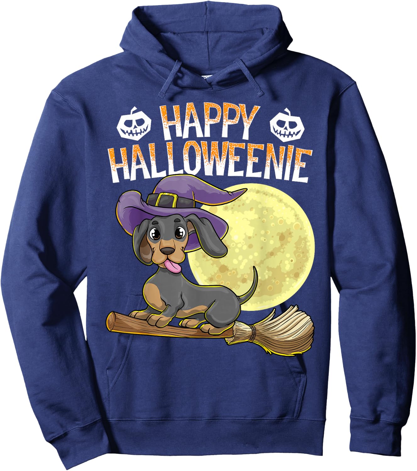 Happy Halloweenie Dachshund Dog Halloween Witch Wiener Broom Hoodie - Hoodie | Navy