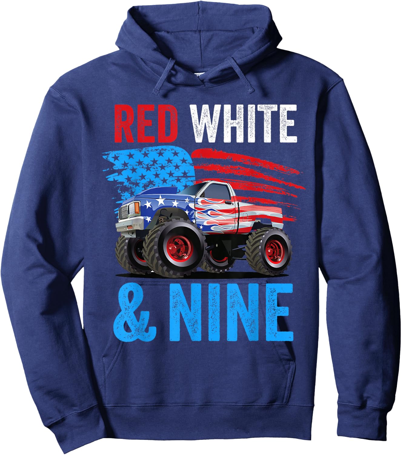 Red White & Nine Monster Truck Boy 9th Birthday USA Flag Hoodie - Hoodie | Navy