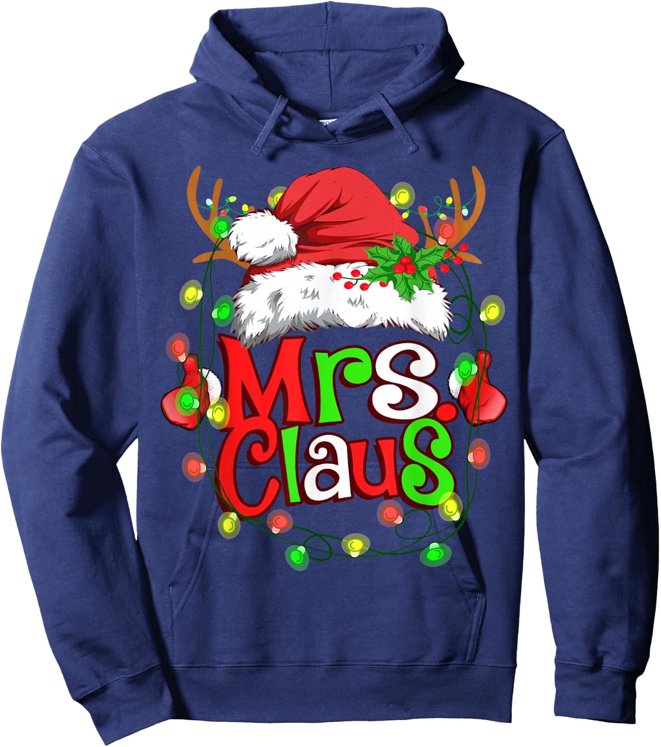 Mr and Mrs Claus Santa Reindeer Couples Christmas Lights Hoodie - Hoodie | Navy