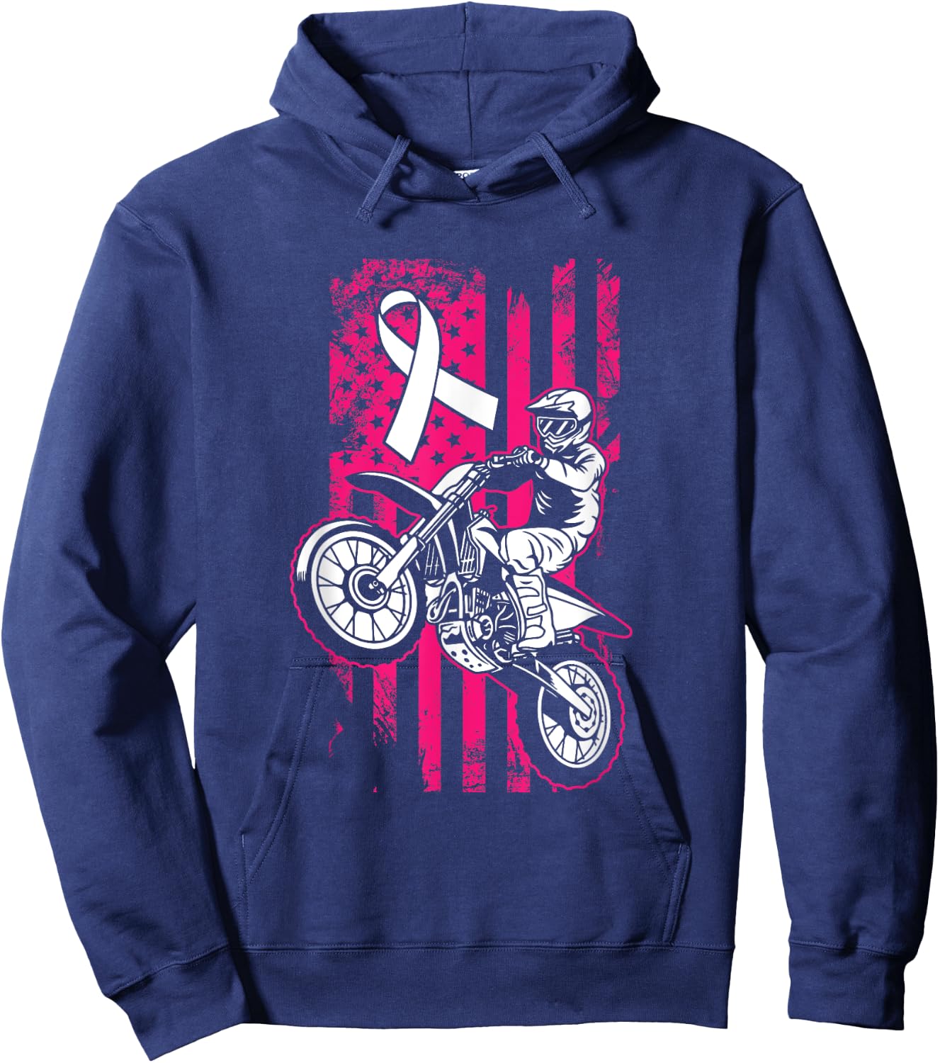 Motocross American Flag Breast Cancer Awareness Pink Ribbon Hoodie - Hoodie | Navy