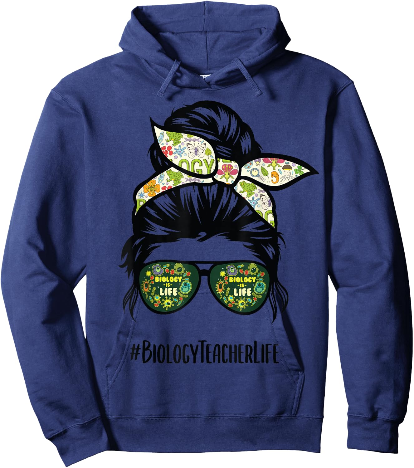 Biology Teacher life messy bun hair glasses Hoodie - Hoodie | Navy