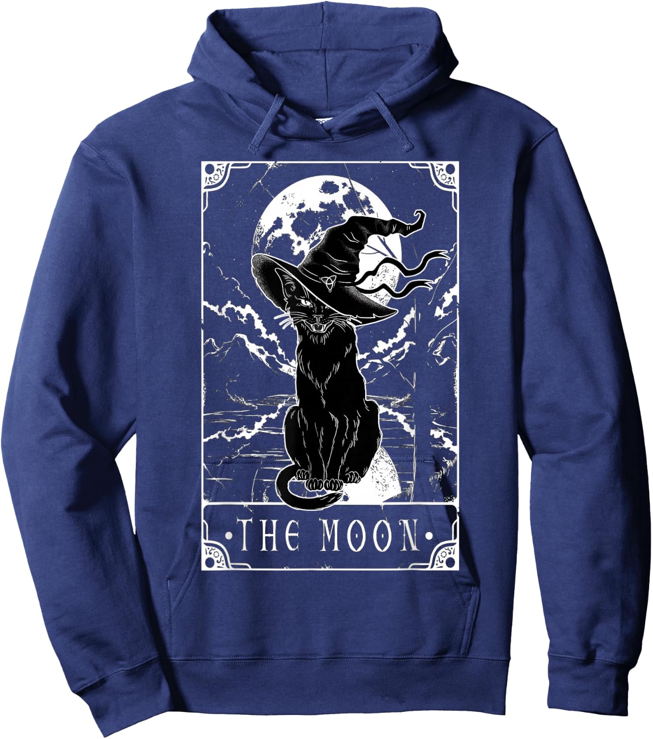 Tarot Card Crescent Moon And Black Cat Witch Hat Halloween Hoodie - Hoodie | Navy