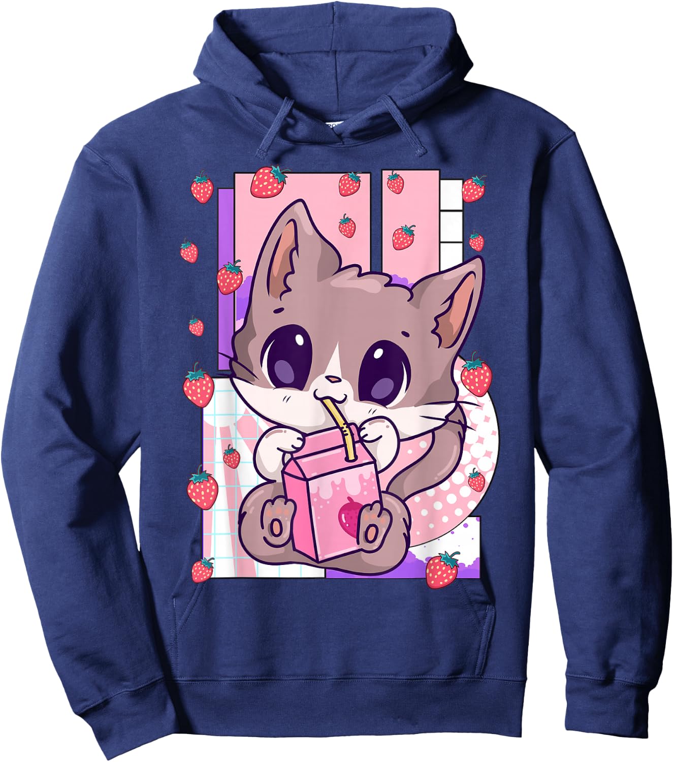 Cute Kawaii Cat Strawberry Milk Anime Neko Shake Hoodie - Hoodie | Navy