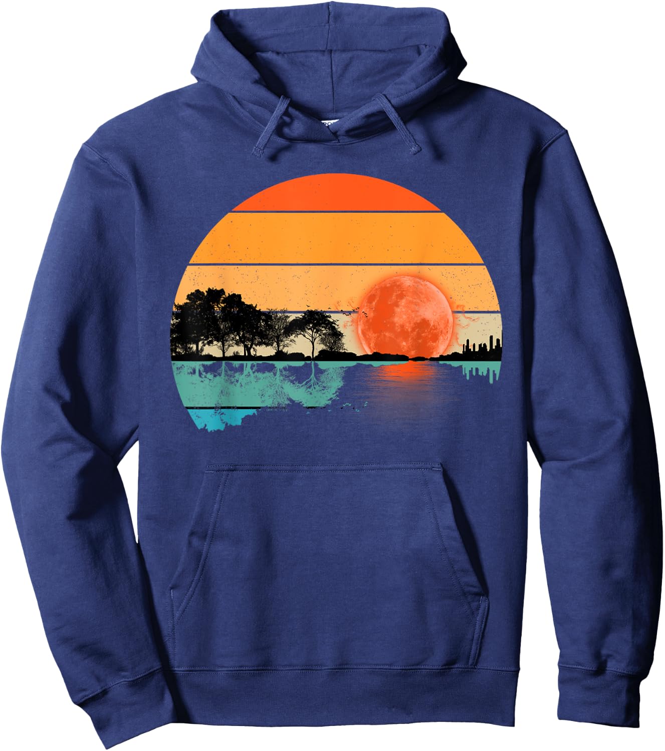 Funny Retro Guitar Lake Sunset Guitarist Music Lover Hoodie - Hoodie | Navy