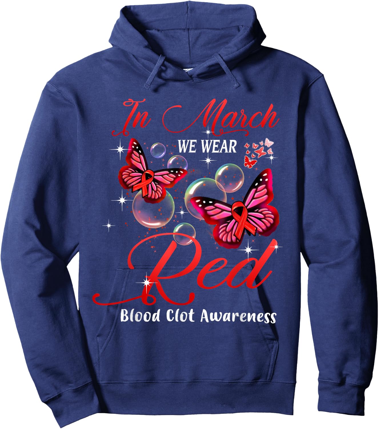 In March We Wear Red Butterfly Blood Clot Awareness Gifts Hoodie - Hoodie | Navy