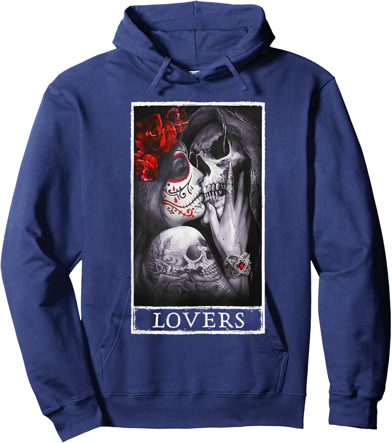 Woman Kissing Skeleton Skull Lovers Red Roses Goth Couple Hoodie - Hoodie | Navy