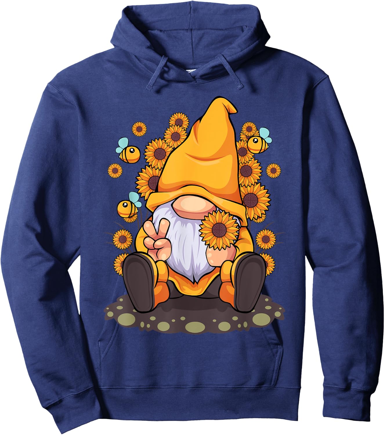 Funny Hippie Sunflower Gnome with Bee Flower Summer Men Women Hoodie - Hoodie | Navy