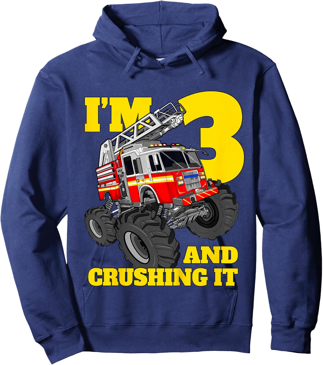 Kids Monster Fire Truck 3rd Birthday Boy Toddler 3 Firefighter Hoodie - Hoodie | Navy