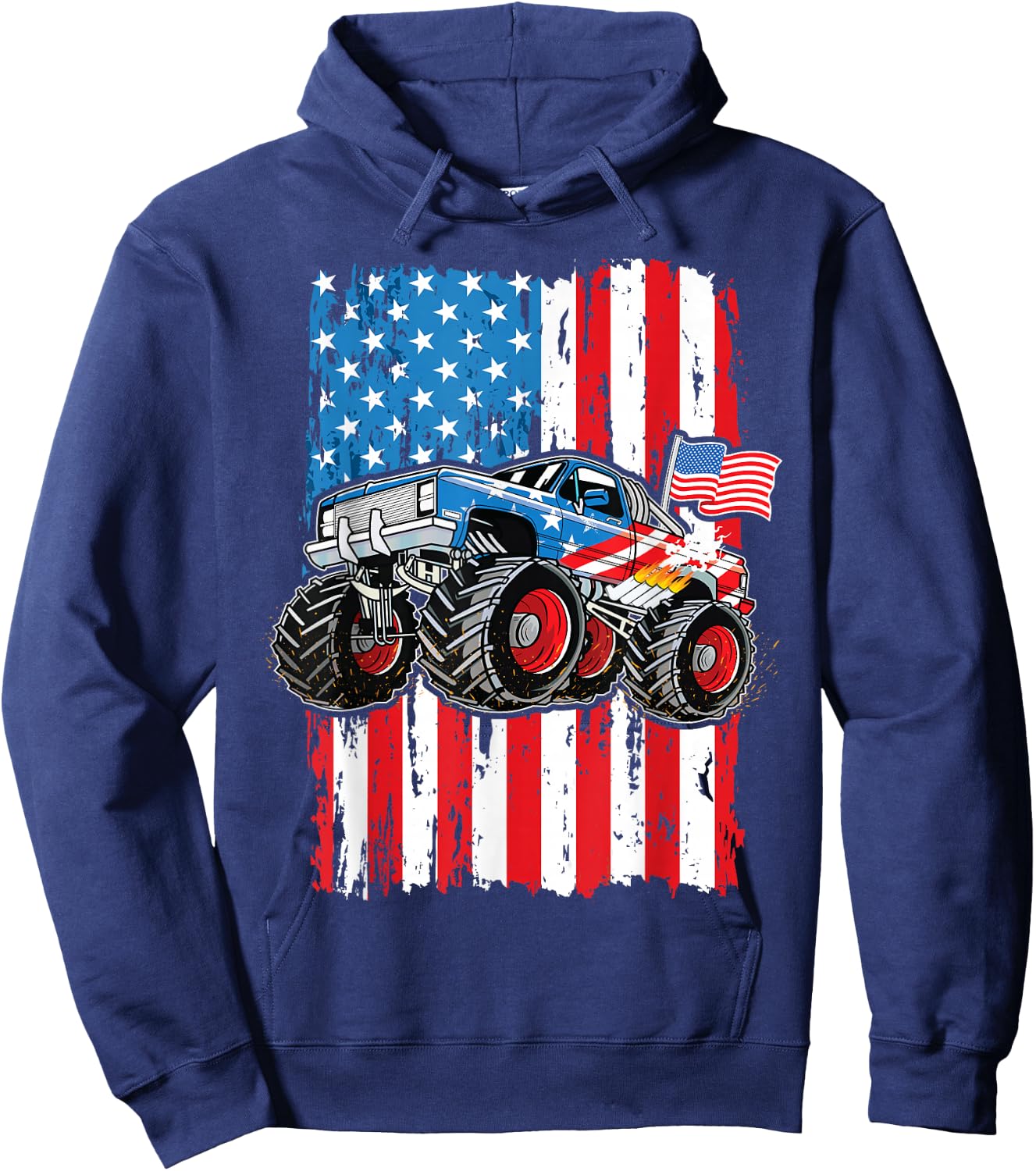 Monster Truck USA Flag Patriotic Boys Men 4th of July Hoodie - Hoodie | Navy