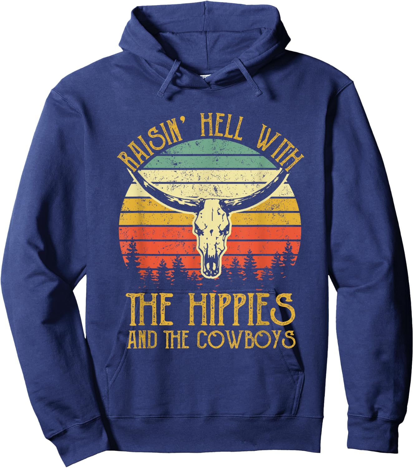Raising-Hell with The Hippies and Cowboys Western Cowhide Hoodie - Hoodie | Navy