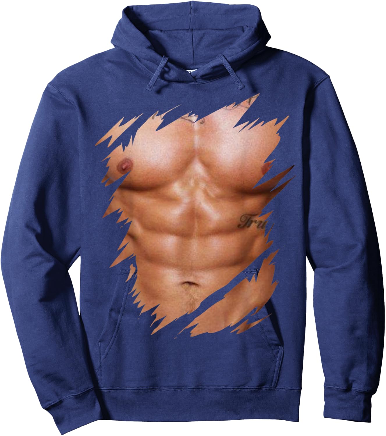 Fake Muscles Ripped Torn Chest Six Pack Abs Hoodie - Hoodie | Navy